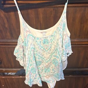 Guess Women's Cold-Shoulder Tank Top body suit  in Teal Floral Print